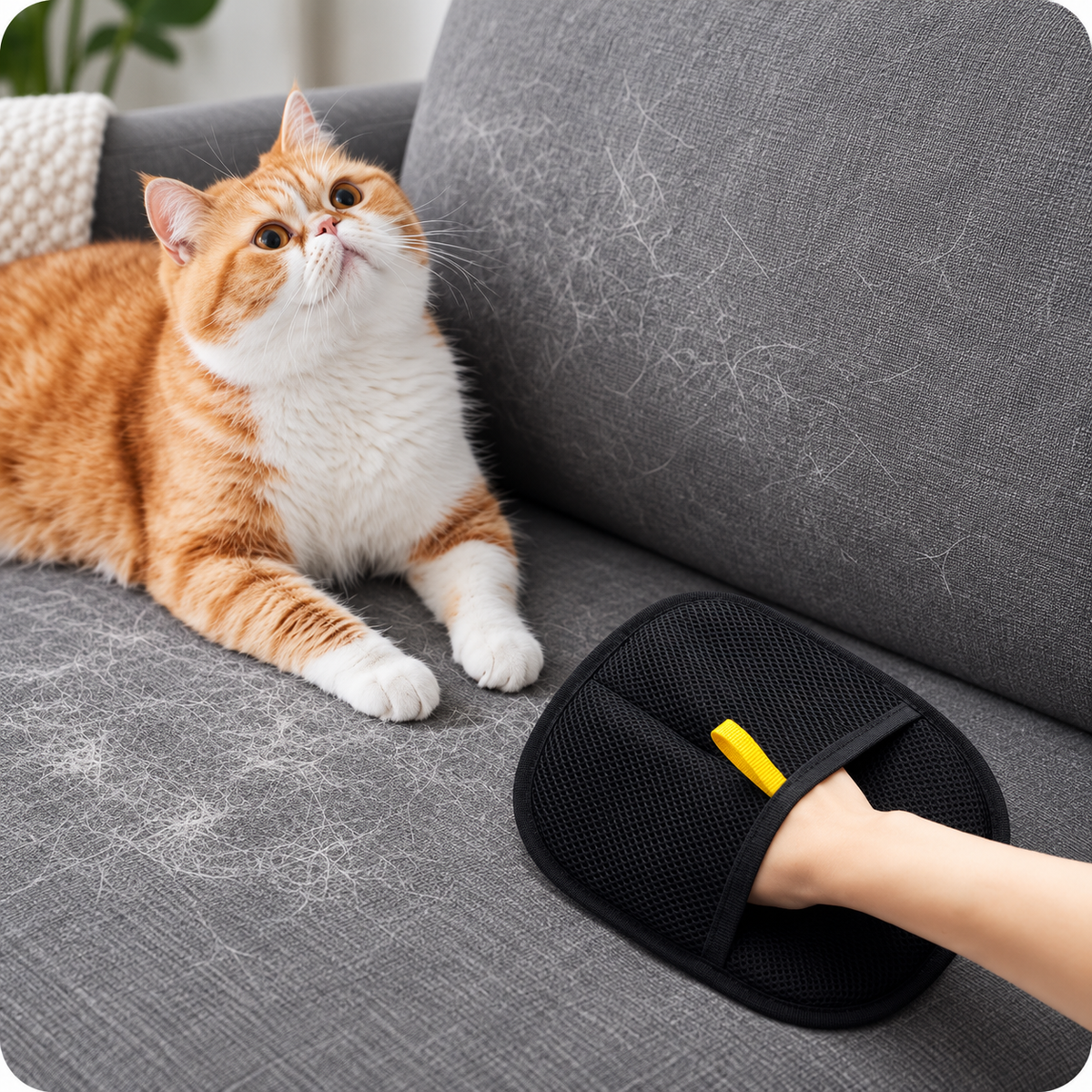 Pet hair remover glove removing dog fur from sofa