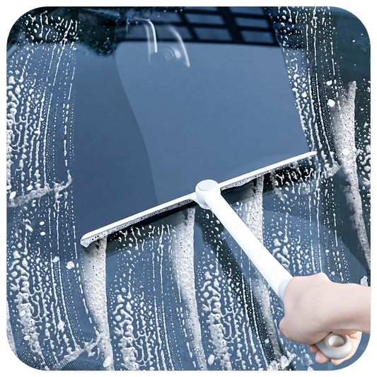 Long-handle squeegee removing water from a car windshield