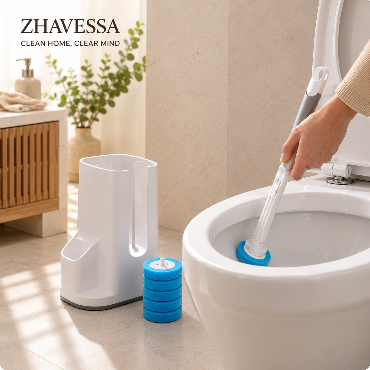 Zhavessa disposable toilet brush with replaceable cleaning heads and storage holder