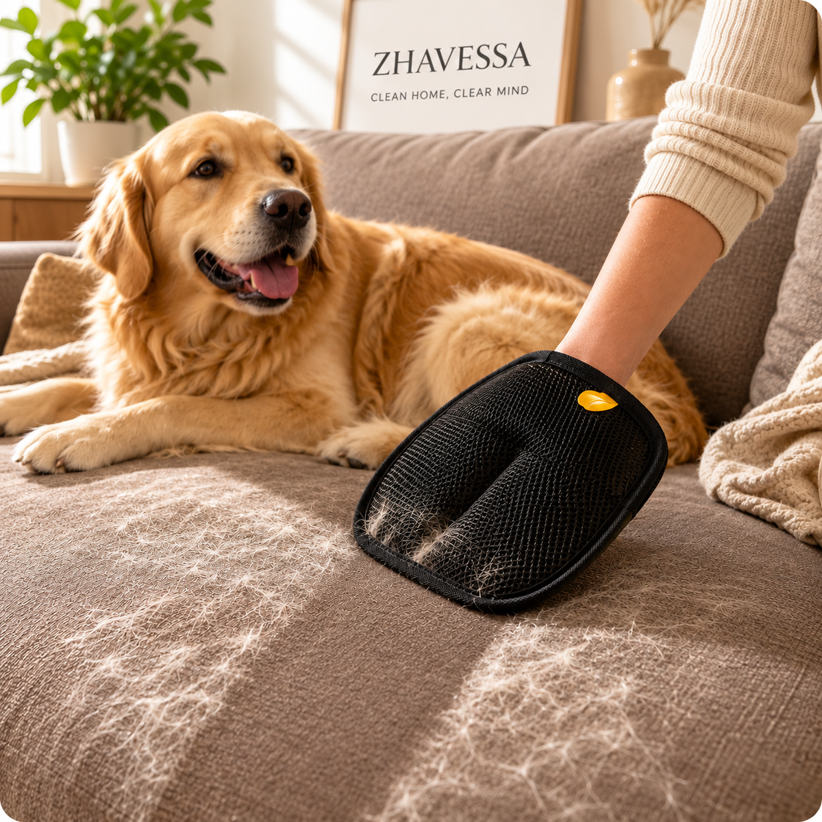 Zhavessa reusable pet hair remover glove for removing dog and cat fur from furniture